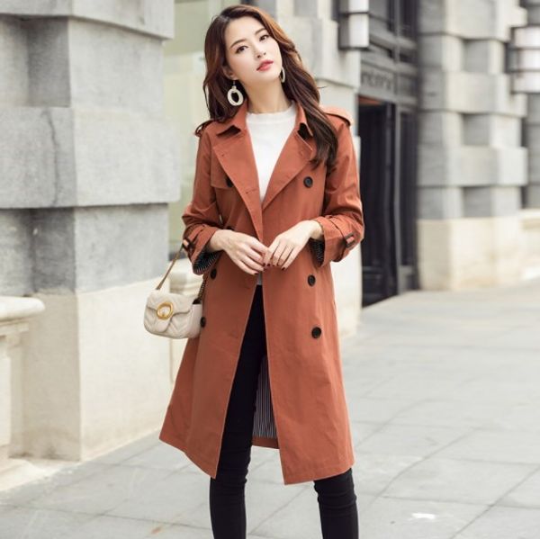 

england style women brown khaki long trench coat womens doube breasted windbreaker sashes turn-down collar outerwear office lady, Tan;black