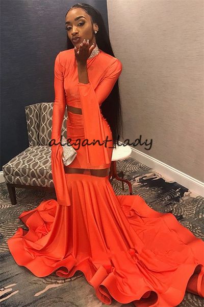 

orange high-neck long ruffle prom gown with long sleeve 2019 cutside beaded sweep train mermaid occasion evening dresses, Black;red