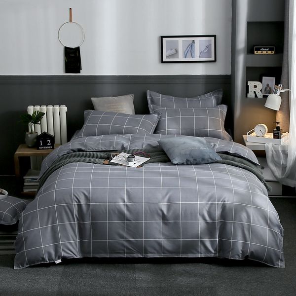 

grey plaid 3/4pcs bedding sets simple duvet cover bed sheets pillowcases twin full  king comforter cover luxury bedclothes