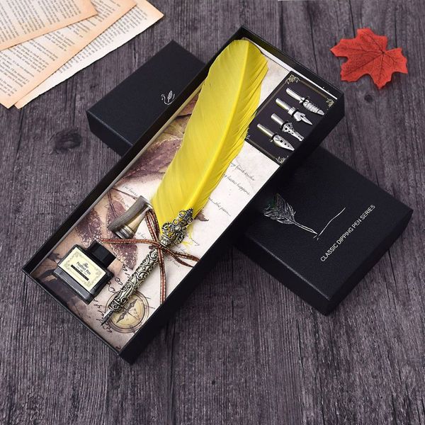 

vintage handmade feather quill dip fountain pen with ink nibs english calligraphy writing stationery wedding gift