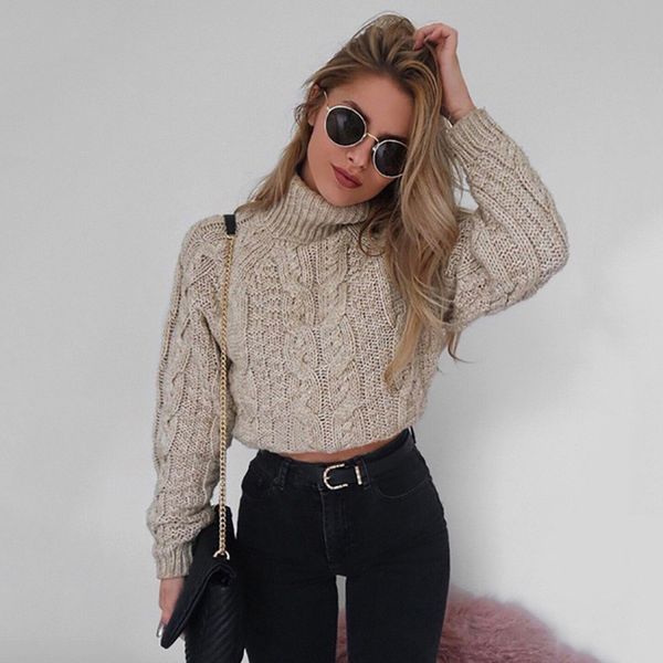 

women's sweater fashion autumn winter high collar loose umbilical twist casual knitted pullover ladies gril women sweater, White;black