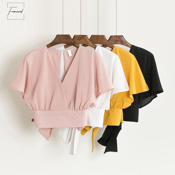 

v neck summer shirts sleeved backless bowtie lace up chiffon high waist short batwing tank spring, White