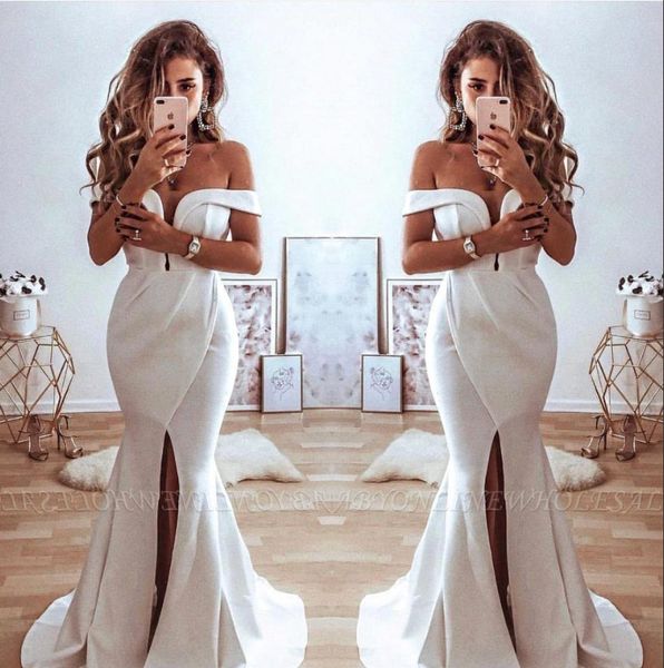 

elegant white off the shoulder satin mermaid long prom dresses ruched split sweep train formal party wear evening gowns bc1717, Black