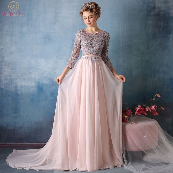 

walk beside you pink chiffon evening dresses gray lace appliqued three quarter sleeves prom long formal gown abiti da cerimonia, White;black