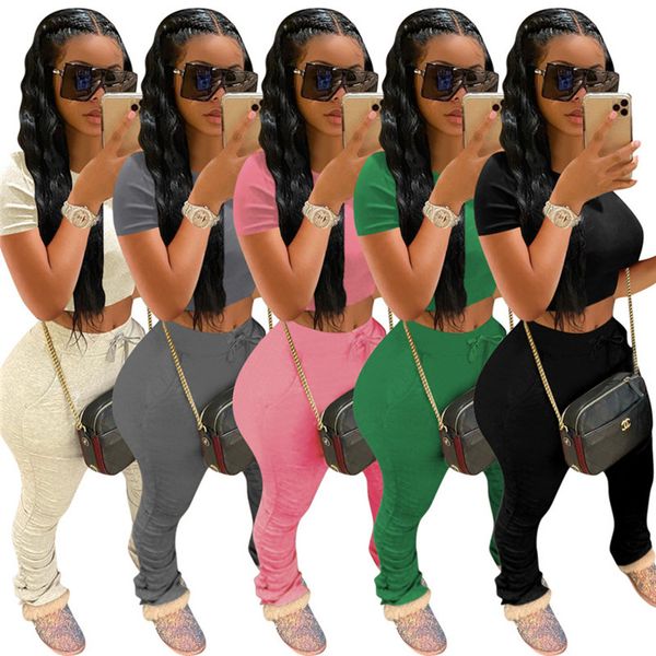 

women clothing spring summer two piece set short sleeve t-shirt+pants fashion sports suit crew neck outfits solid color jogging suit 2800, Gray