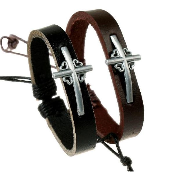 

100% leather bracelet heart cross charm men bracelet fashion alloy charms bracelet jewelry party fine jewelry leather for unisex, Golden;silver