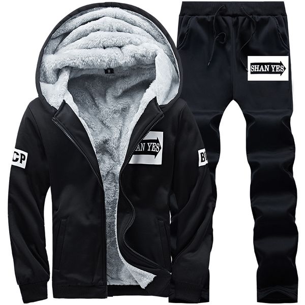 

men sport suit outfits winter fleece warm zip up hooded jacket sweatshirts+pant jogging running casual workout set sportswear, Black;blue