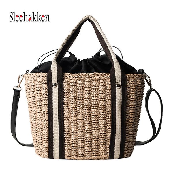 

2019 women hand-woven handbag beach bag natural straw shoulder bag for leisure high capacity tote brown commuter package