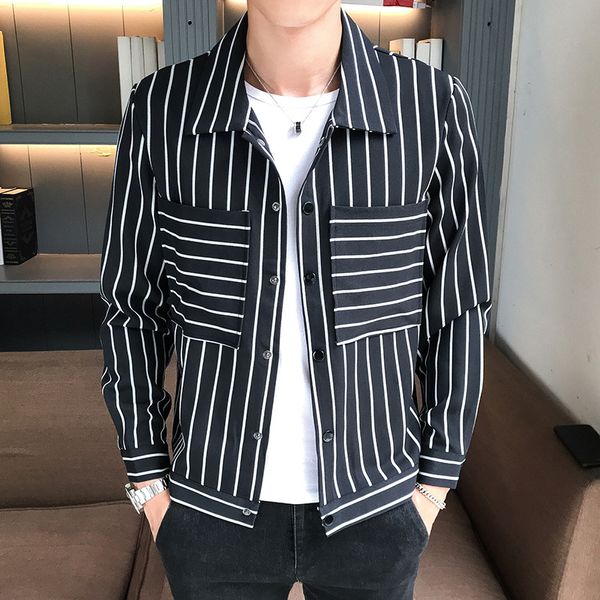 

dropshipping men jacket spring autumn men's fashion casual striped jacket coat simple handsome slim fit outerwear male clothes, Tan;black