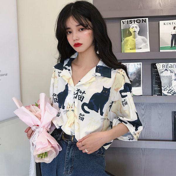

blouses sweet ulzzang korean preppy style fashion women's clothing summer short sleeve cats turn-down collar loose casual shirts, White