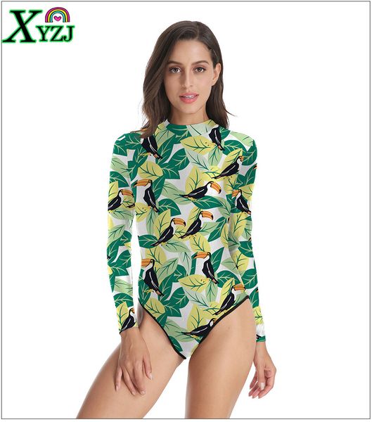 

summer swimwear women new fashion sports swimming round collar long sleeve leaf printed comfortable breathable swimwear, White;black