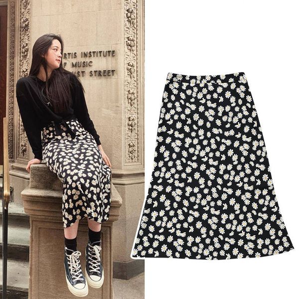 

versatile slim high waist draping belt belt skirt female 2019 casual chrysanthemum flower print skirt women, Black