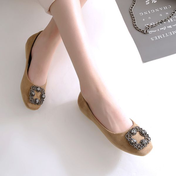 

spring slip on flats ladies crystal flat shoes rhinestone buckle suede leather single shoes square toe loafers women ballet shoe, Black