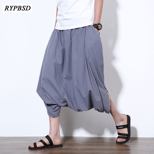 

chinese style wide leg pants men trousers drop crotch pants harem men casual fashion elastic waist loose hip hop trousers, Black