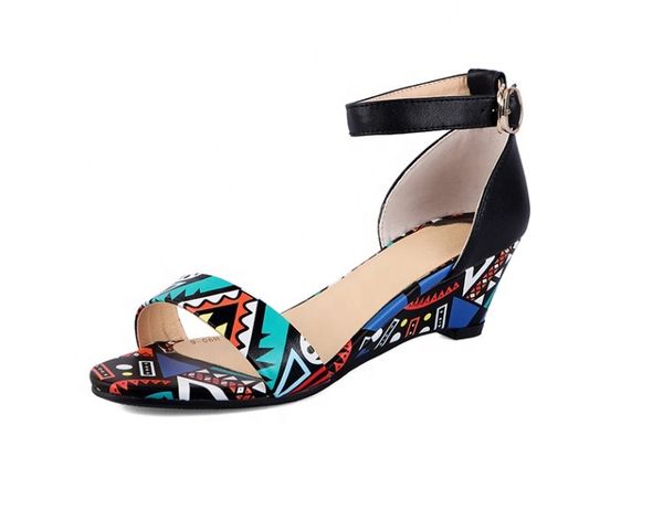 

африканские patterns 2020 новая весна женщины клинья голеностопного ремешок heeled насосы плюс размер 43 пользовательские логотип мода lady, Black
