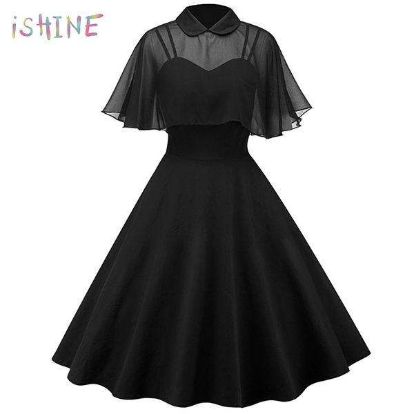 

Vintage Hepburn Pin Up Spring Women Dress Chiffon Cape Retro Party Dress Vestidos Peter Pan Collar Cloak Sleeve A-Line Dress 2XL