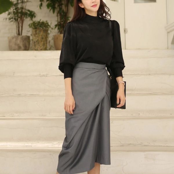 

korean version of the spring and autumn of the latest office lady collar shirt + bag hip skirt two-piece suit, White