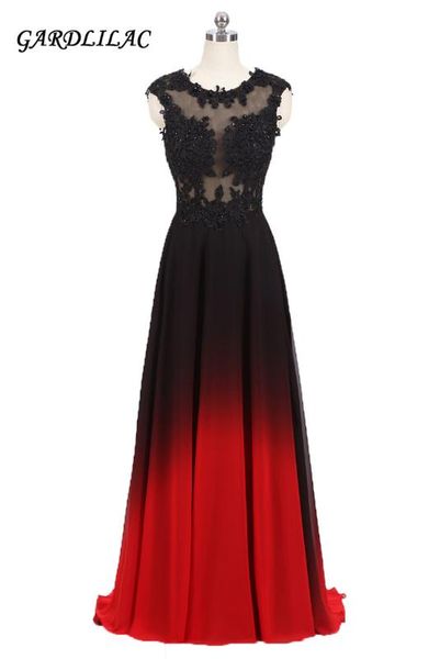 

party dresses 2021 long evening prom dress o-neck lace appliques black&red gradient chiffon gowns, White;black