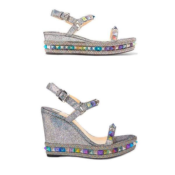 

designers espadrille wedge sandals red bottom women high heel platform shoes summer luxury silver glitter-covered leather shoes 25 color, Black