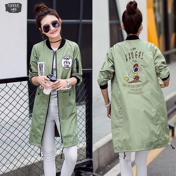 

autumn new women long trench coats plus size print long emboridery windbreaker letter street fashion casual outwear, Tan;black