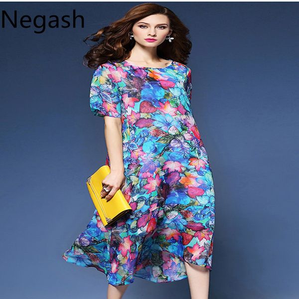 

europe floral print asymmetric silk dress for women new fashion vintage half sleeve loose summer dresses vestidos, Black;gray