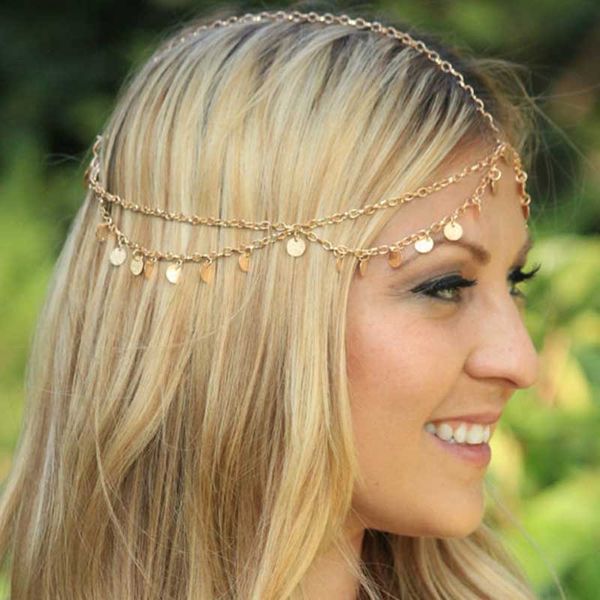 

new feminine style simple boho shiny gold sequins tassels crafts jewelry chain hair head, Golden;white