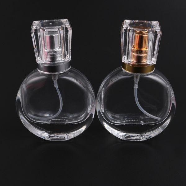 

25ml clear glass essential oil perfume bottles oblate shape thick wall spray bottle with gold silver pump sprayer