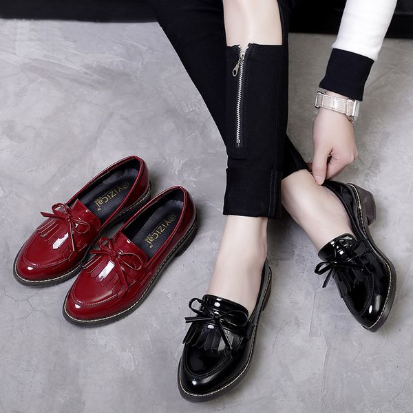 

bowtied thick bottom oxfords shoes girls footwear japanned leather tassel sewing platform brogues plus size 41 ladies creepers, Black
