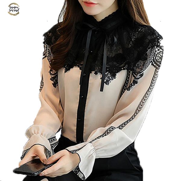 

2019 новые женщины топы мода длинным рукавом блузки stand шифон кружева лоскутная рубашки управление леди flare рукавом блузки d253, White