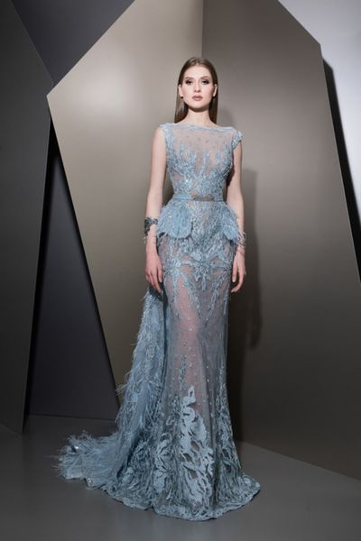 

2019 ziad naked prom dresses long bateau neck sleeveless sky blue prom dresses with feathers floor length party evening gowns custom, Black