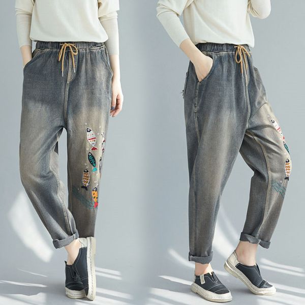 

# 4653 вышивка мультфильм урожай гарем джинсы женщины сыпучего упругие талии джинсы femme ретро мода проблемные денима женщины, Blue