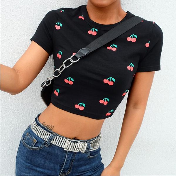 

2019 spring new cherry print slim navel short t-shirt, White