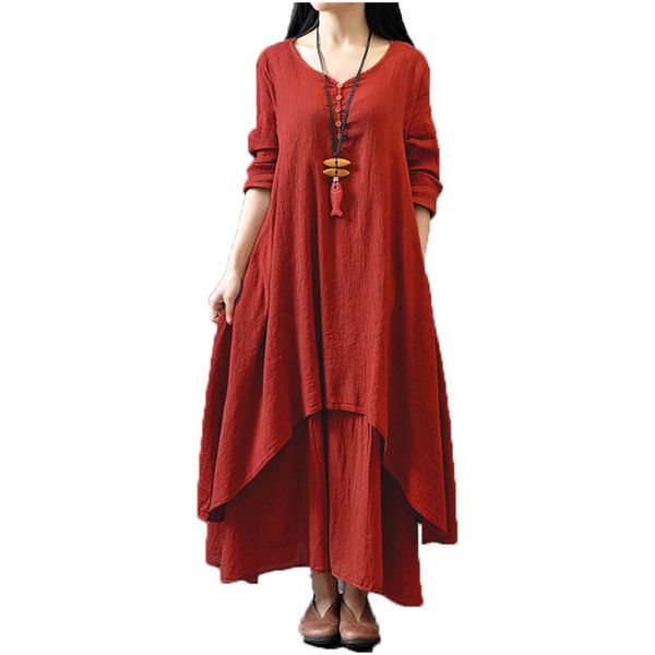 

fashion autumn women casual loose long sleeve dress cotton linen solid long maxi dress vestidos plus size s-5xl, White;black