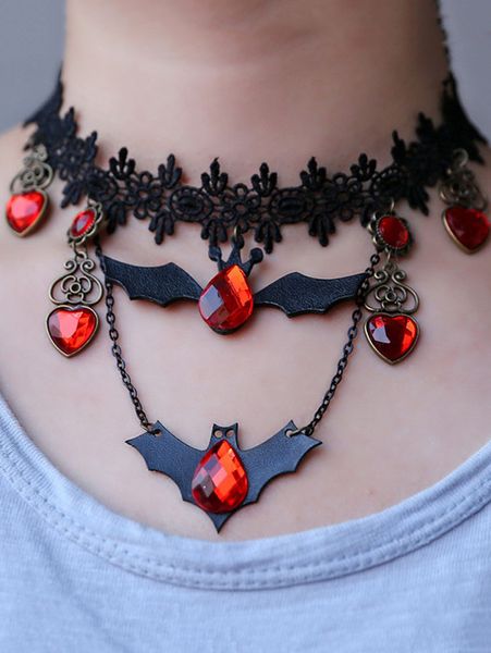 

tennis, graduated victorian gothic halloween bat red rhinestone charms vampire maxi necklace choker earrings fashion cocktail evening party, Black