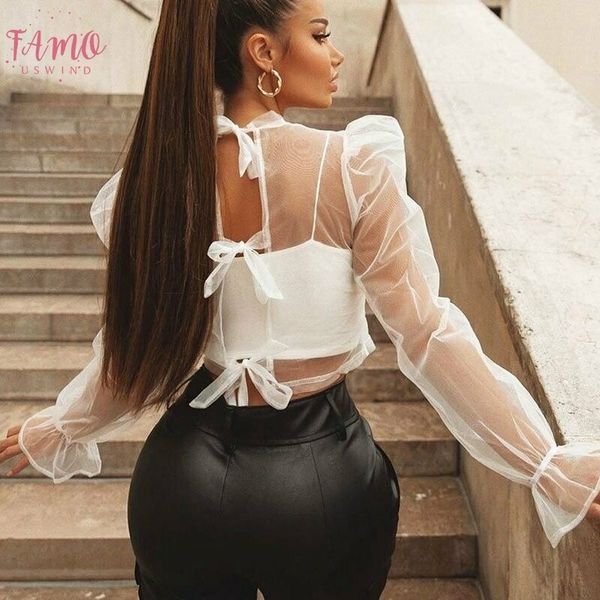 

женщин sexy sheer сетки см через длинный puff рукавом puff рукавом высокий водолазка с открытой спиной лук узел завязана рубашка блузка спло, White