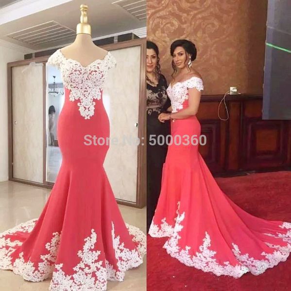 

2019 latest arrival long mermaid red evening dresses satin lace applique cap sleeves court train party gowns long, White;black