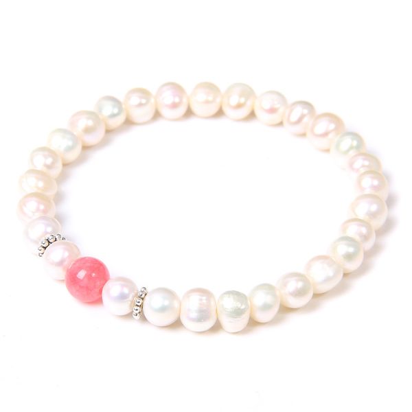

natural white pearls bracelets for women fine jewelry polished rose rhodochrosite chalcedony beads bracelet men elastic bangle, Black