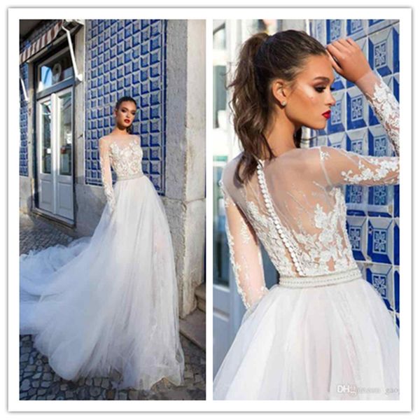 

2019 spring milla nova country wedding dress bridal gowns bateau neck applique long sleeves illusion wedding dresses robe de mariée 32, White
