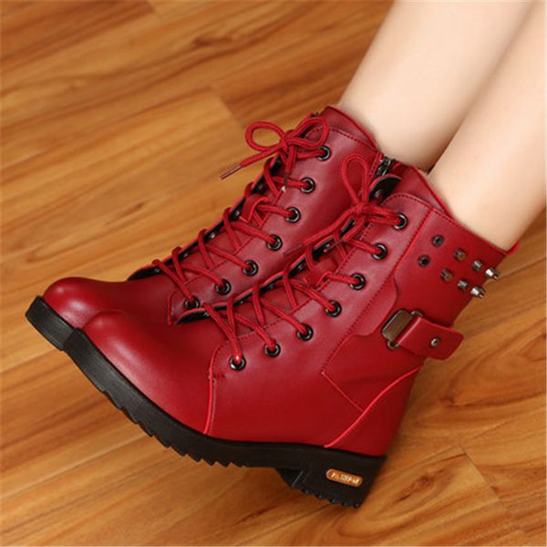

new women rivets buckle motorcycle boots british style gothic punk round toe leather boots winter thick plush warm snow, Black