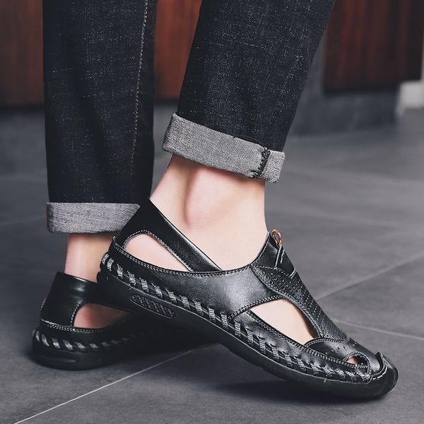 

sandals genuine home men man indoor male jelly 2021 mens water leather slide work sports slides rubber beach hollow for casual, Black