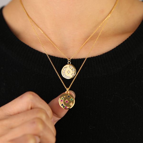 

gold filled white rainbow cz paved moon star coin pendant necklace engraved star signet women wedding gorgeous classic jewelry, Silver