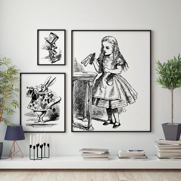 

alice adventure art print wall picture , vintage hand drawn alice adventure poster canvas painting girls room decoration