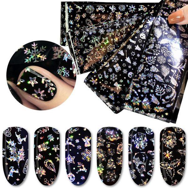 4 fogli olografici adesivi per trasferimento nail art decalcomanie capodanno acchiappasogni fiocco di neve fiore rosa lamina per unghie decorazioni per unghie laser