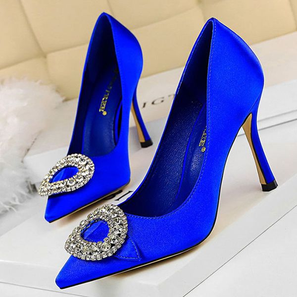 

bigtree shoes rhinestone high heels office women pumps women shoes pointed toe wedding satin heels ladies 2019, Black