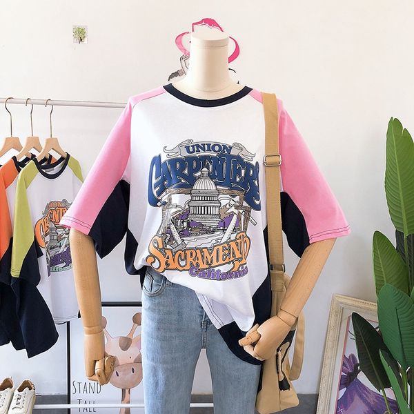

summer oversize cotton t shirt women short sleeve 2020 high street loose graphic tee female bf style cool patchwork t-shirt teen, White