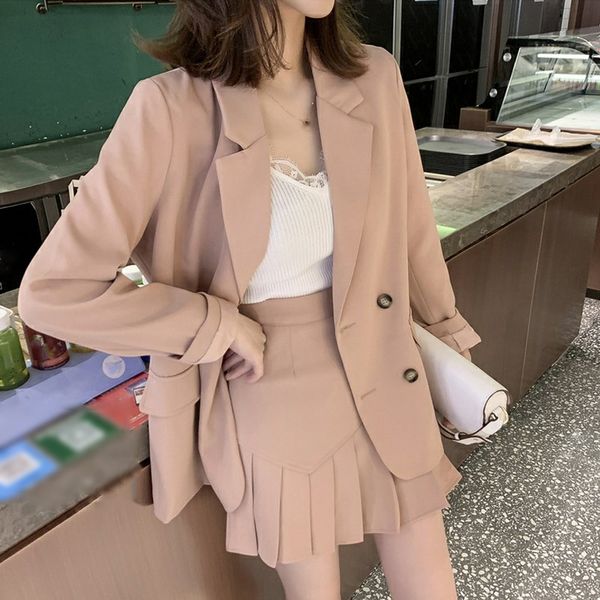 

fashion women pink skirt suits double breasted blazer jackets and pleated skirt two pieces sets female outfits 2019, White;black