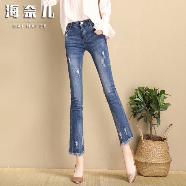 

women hole flare jeans 2020 spring new fashion slim edge jeans female 27 28 29 30 31 high quality, Blue