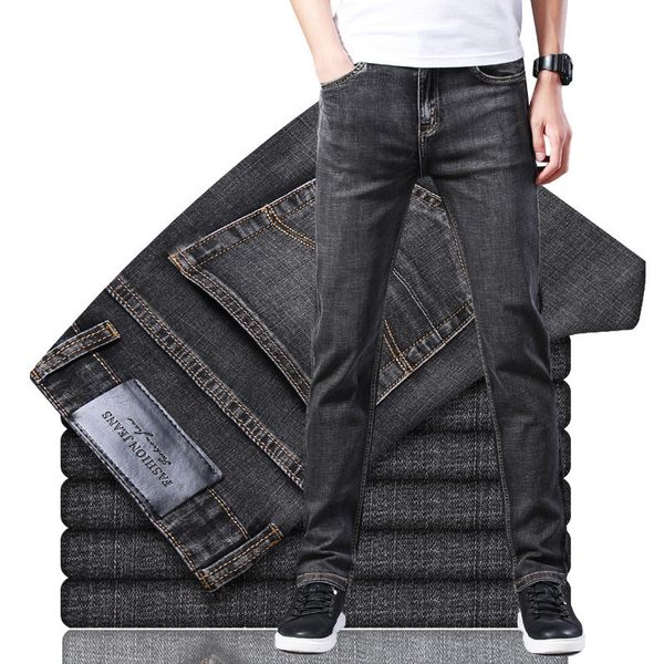 

business mens classic denim jeans grey spring autumn midweight slim fit pants high stretch fashion regular male vintage jeans, Blue