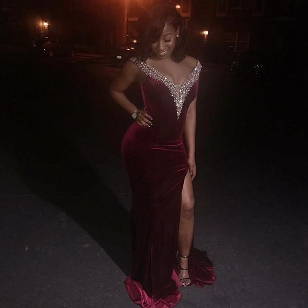

african plus size burgundy prom dresses 2019 sparkly plunging v neck beads side split velvet evening dresses black girls prom party gowns