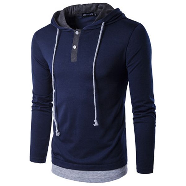 

long sleeve tee male casual fashion hip hop hooded fake two pieces designer slim new mens tshirts pure color button, White;black